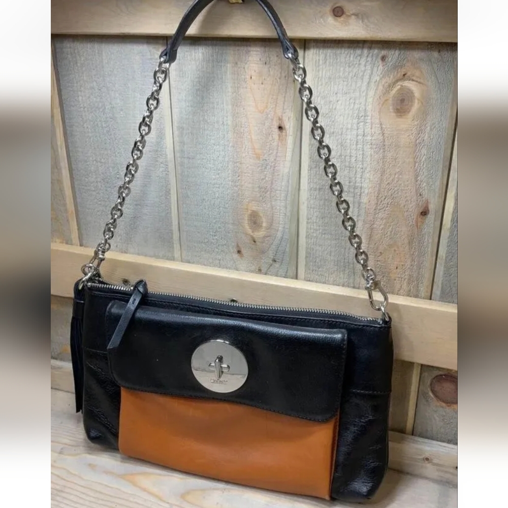 DKNY TAN & BLACK SOFT LEATHER SHOULDER HOBO HANDBAG/VLUTCH